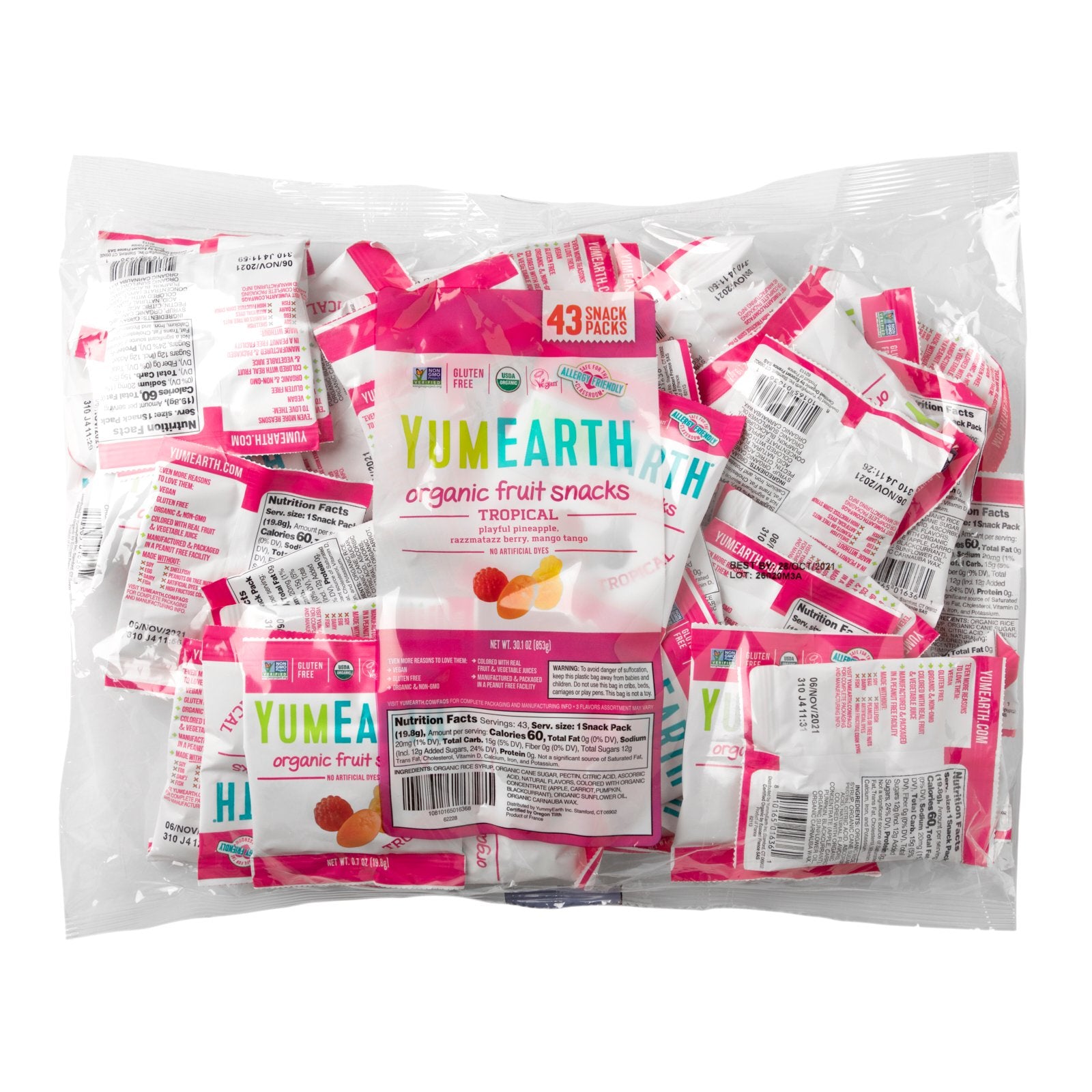 YumEarth, Organic Fruit Snacks, Tropical, 43 Packs, 0.7 oz (19.8 g) Each