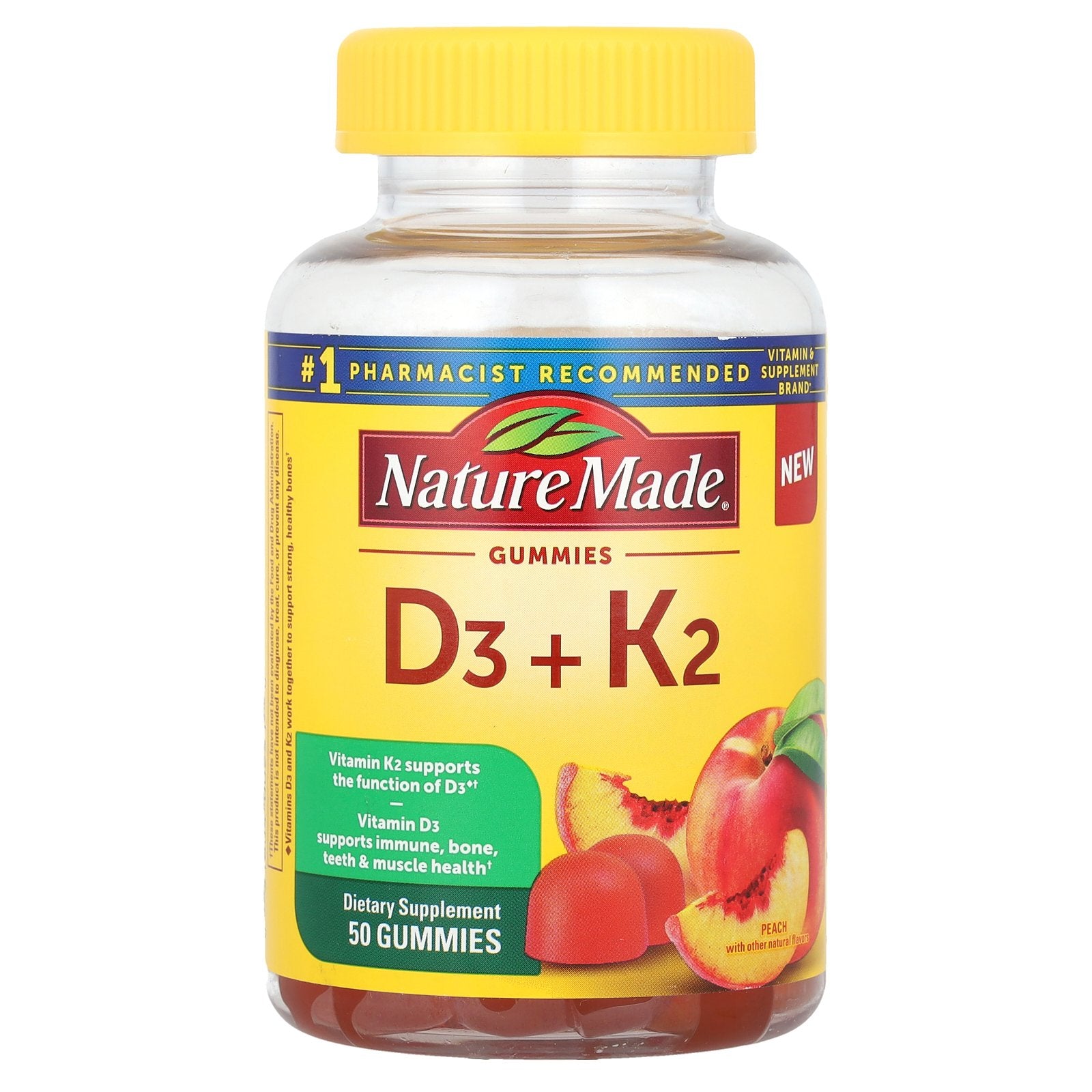 Nature Made, Vitamin D3 + K2 Gummies, Peach, 50 Gummies