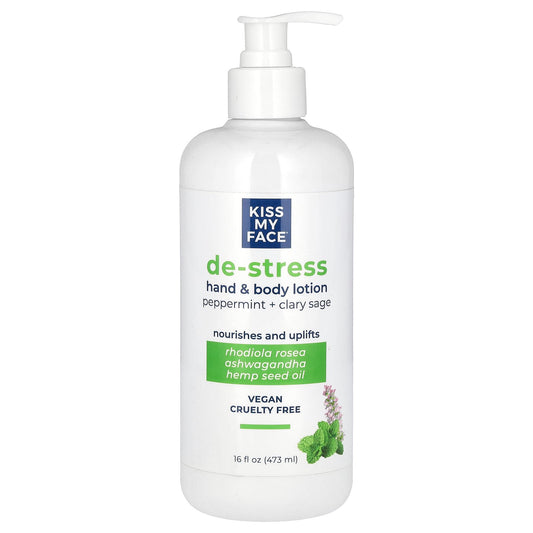 Kiss My Face, De-Stress, Hand & Body Lotion, Peppermint + Clary Sage, 16 fl oz (473 ml)