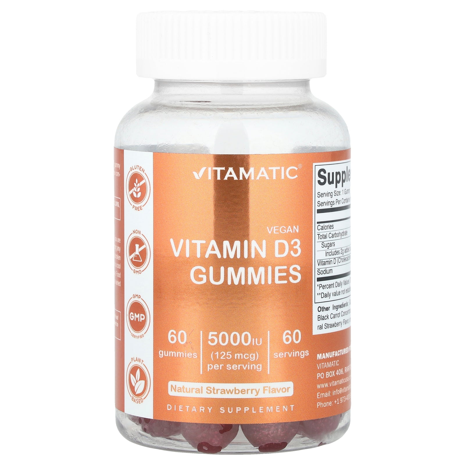 Vitamatic, Vegan Vitamin D3 Gummies, Strawberry, 125 mcg (5,000 IU), 60 Gummies