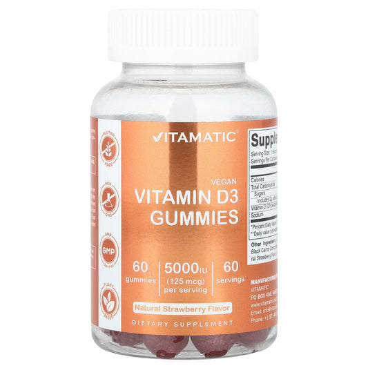 Vitamatic, Vegan Vitamin D3 Gummies, Strawberry, 125 mcg (5,000 IU), 60 Gummies
