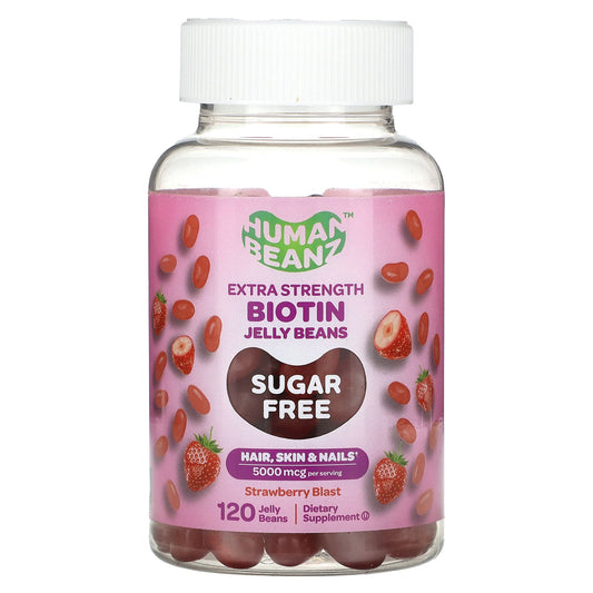 Human Beanz, Biotin Jelly Beans, Extra Strength , Sugar Free, Strawberry Blast, 5,000 mcg, 120 Jelly Beans (2,500 mcg per Jelly Bean)