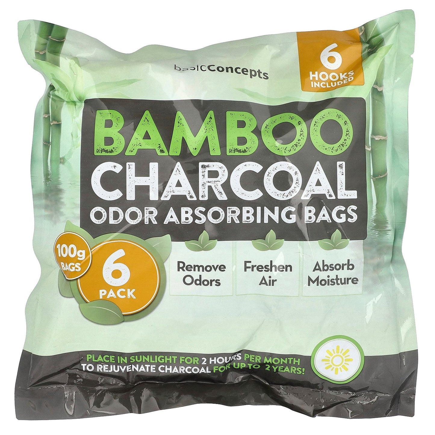 basicConcepts, Bamboo Charcoal, Odor Absorbing Bags, 6 Pack