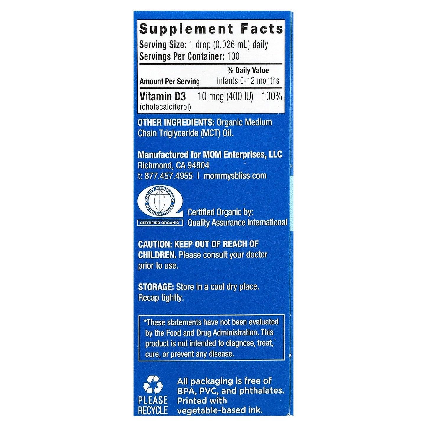 Mommy's Bliss, Organic Baby Vitamin D Drops,  Newborn +, 0.11 fl oz (3.24 ml)