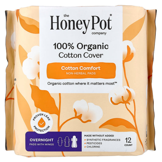 The Honey Pot Company, 100% Organic Cotton Cover, Non-Herbal Pads with Wings, Overnight, 12 Count
