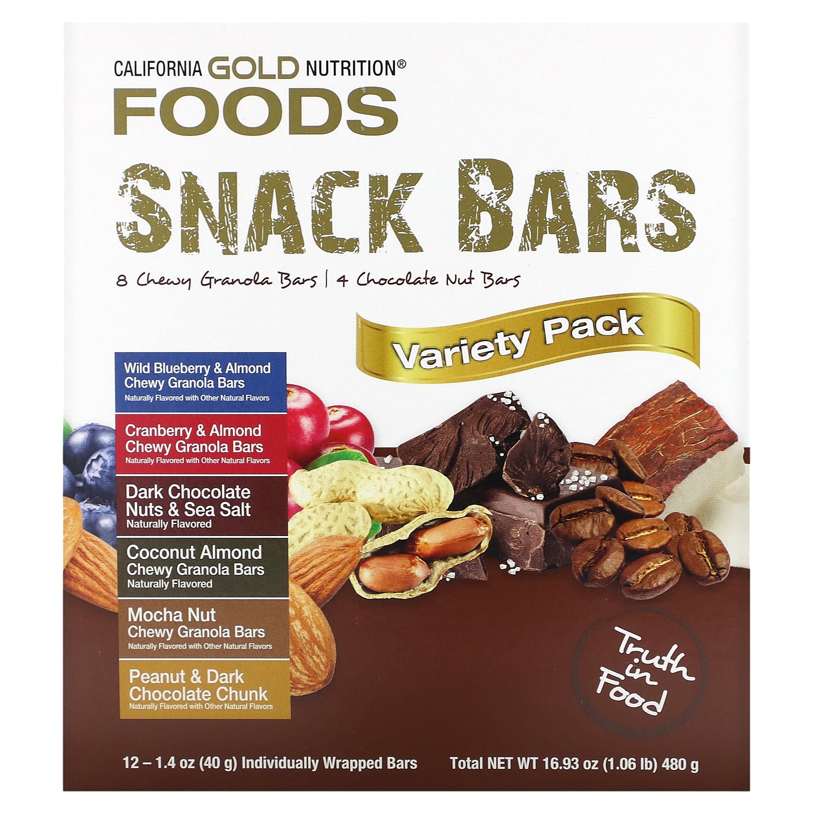 California Gold Nutrition, Foods, Variety Pack Snack Bars, 12 Bars, 1.4 oz (40 g) Each