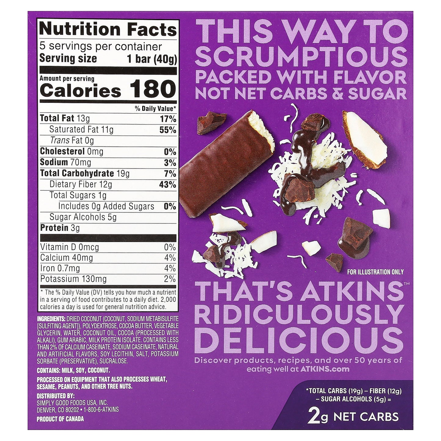 Atkins, Endulge™, Chocolate Coconut Bar, 5 Bars, 1.41 oz (40 g) Each