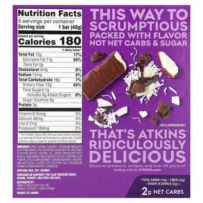 Atkins, Endulge™, Chocolate Coconut Bar, 5 Bars, 1.41 oz (40 g) Each