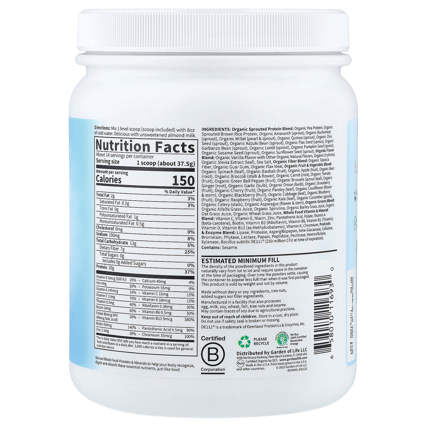 Garden of Life, RAW Organic Meal Replacement Shake, Vanilla, 18.52 oz (525 g)