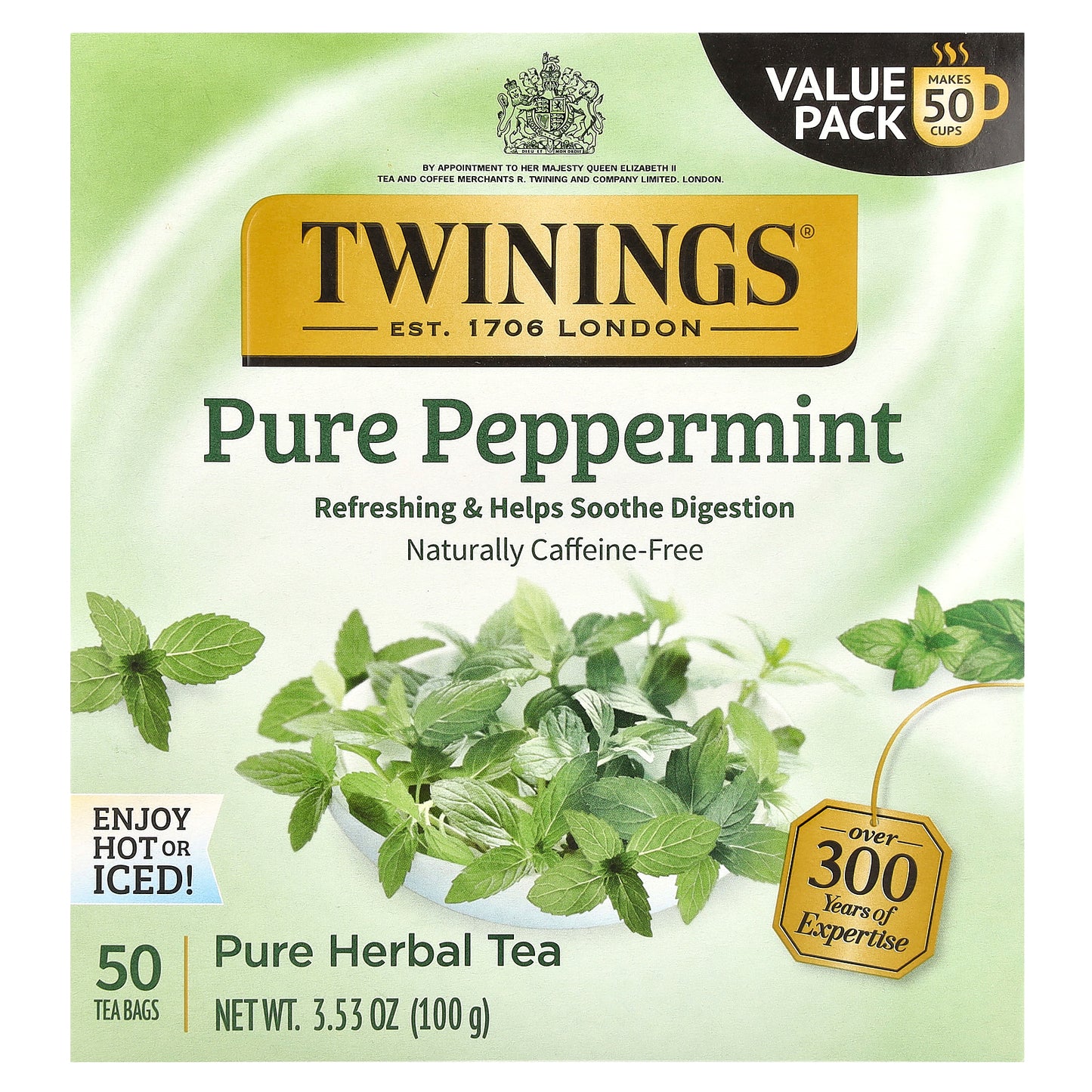 Twinings, Pure Herbal Tea, Pure Peppermint, Caffeine Free, 50 Tea Bags, 3.53 oz (100 g)