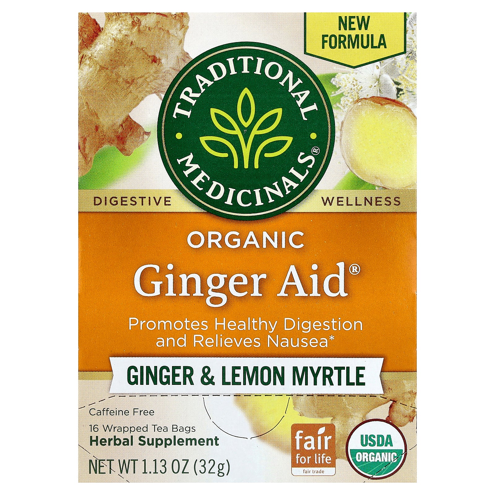 Traditional Medicinals, Organic Ginger Aid®, Ginger & Lemon Myrtle, Caffeine Free, 16 Wrapped Tea Bags, 1.13 oz (32 g)