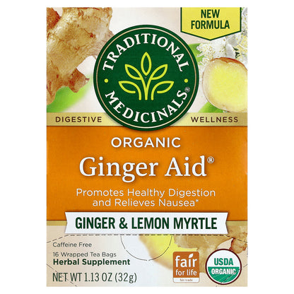Traditional Medicinals, Organic Ginger Aid®, Ginger & Lemon Myrtle, Caffeine Free, 16 Wrapped Tea Bags, 1.13 oz (32 g)