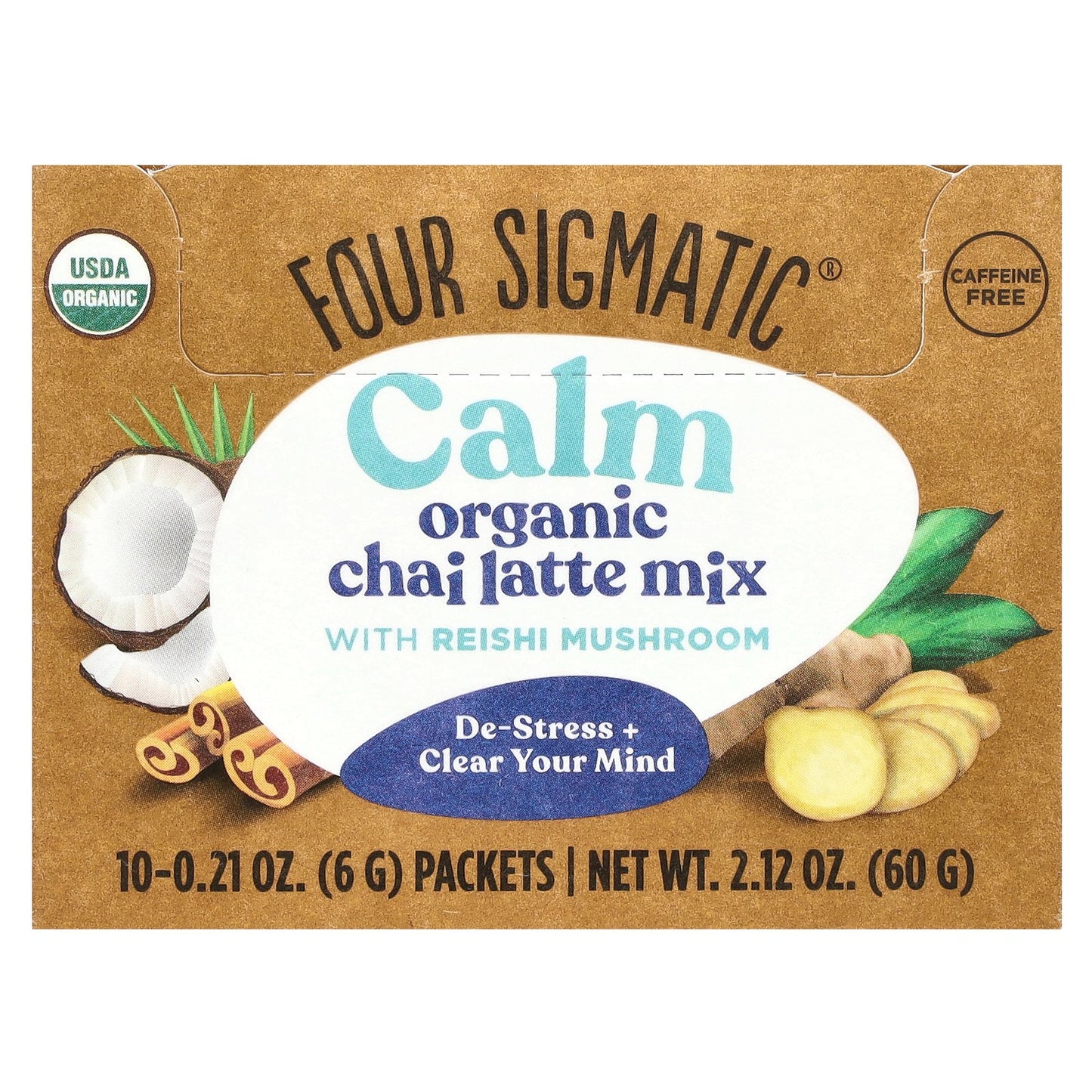 Four Sigmatic, Calm, Organic Chai Latte Mix with Reishi Mushroom, Caffeine Free, 10 Packets, 0.21 oz (6 g) Each