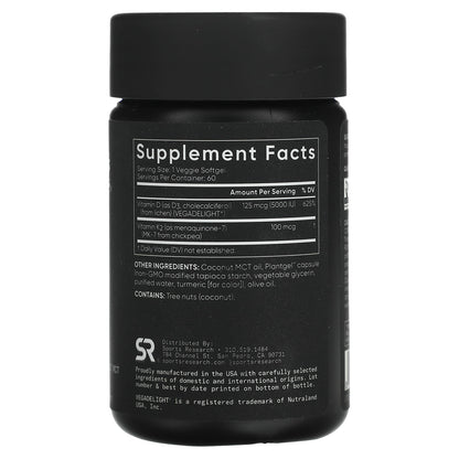 Sports Research, D3 + K2, Plant Based, 125 mcg/100 mcg, 60 Veggie Softgels