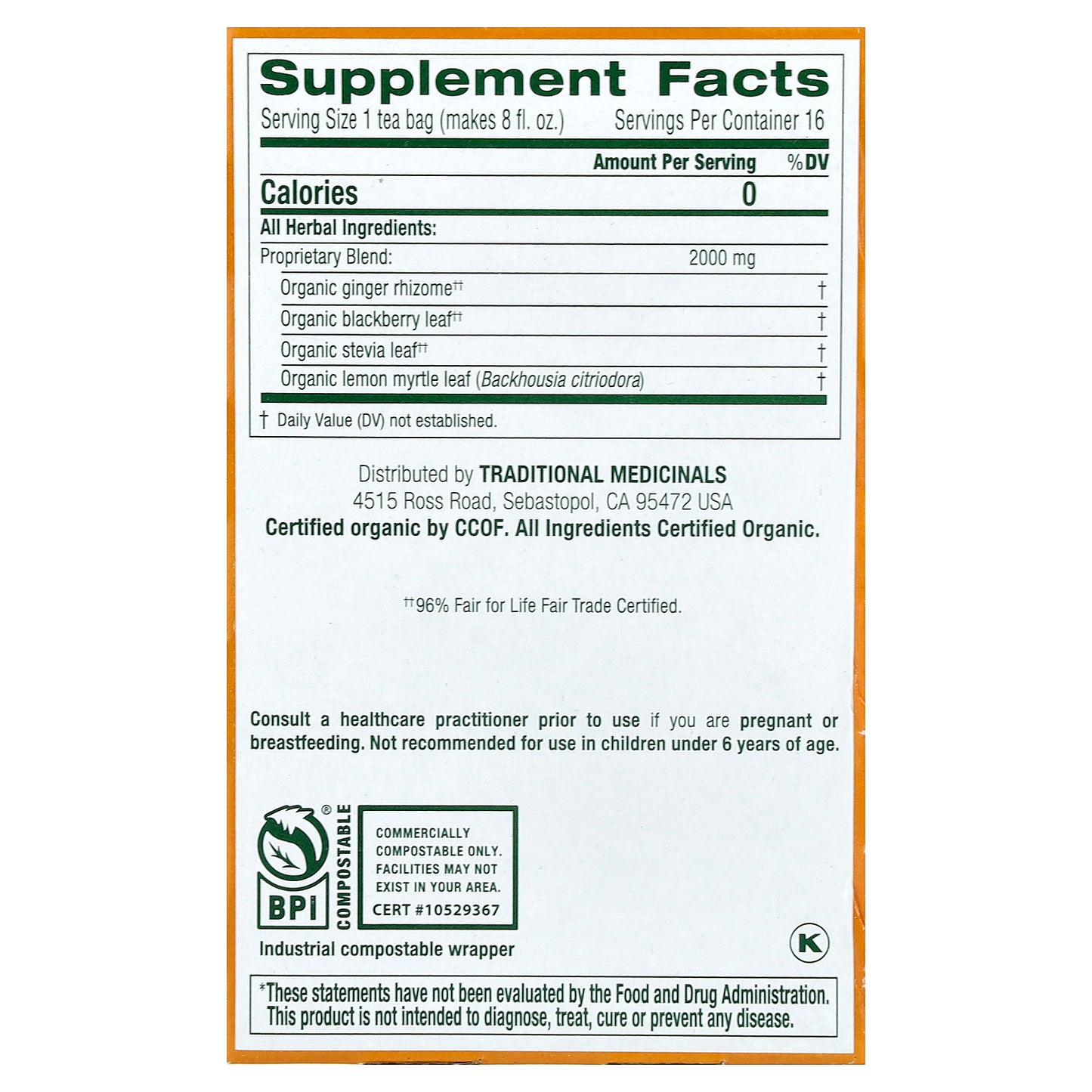 Traditional Medicinals, Organic Ginger Aid®, Ginger & Lemon Myrtle, Caffeine Free, 16 Wrapped Tea Bags, 1.13 oz (32 g)