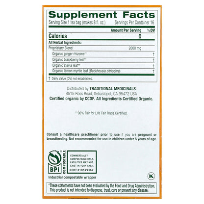 Traditional Medicinals, Organic Ginger Aid®, Ginger & Lemon Myrtle, Caffeine Free, 16 Wrapped Tea Bags, 1.13 oz (32 g)