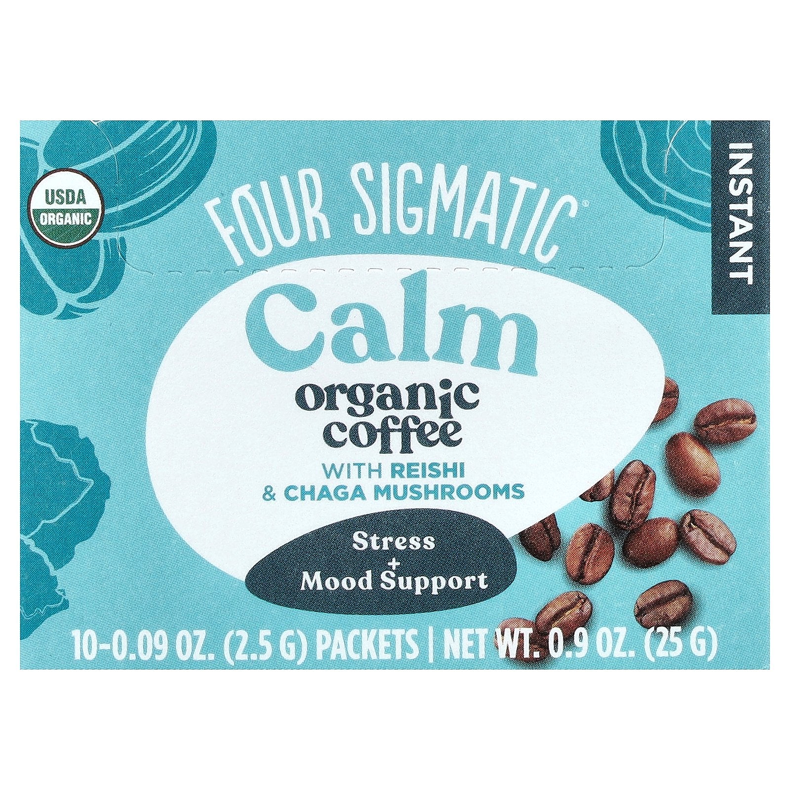 Four Sigmatic, Instant Organic Coffee with Reishi & Chaga Mushrooms, Calm, Medium Roast, 10 Packets, 0.09 oz (2.5 g) Each
