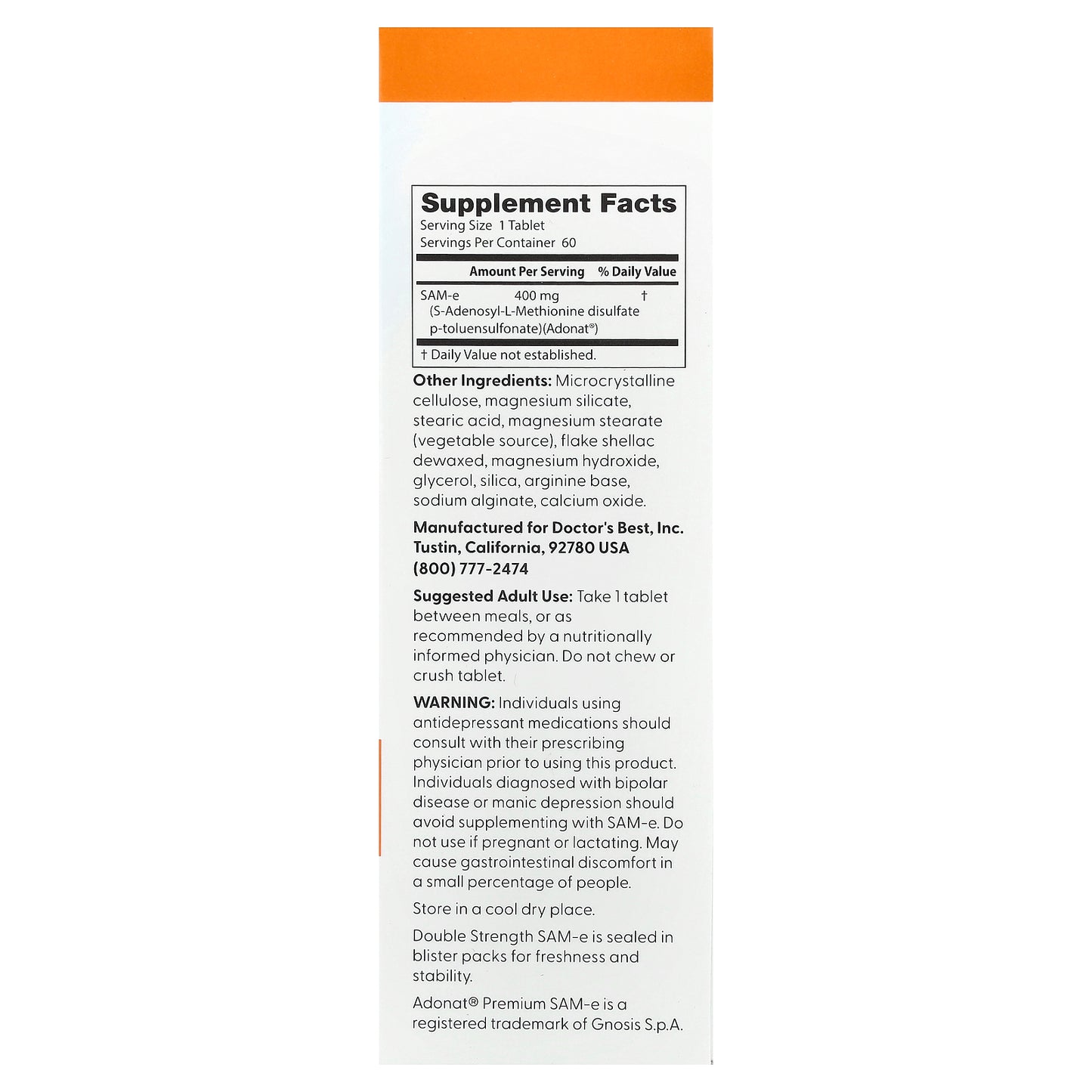 Doctor's Best, SAM-e, 400 mg, 60 Enteric Coated Tablets