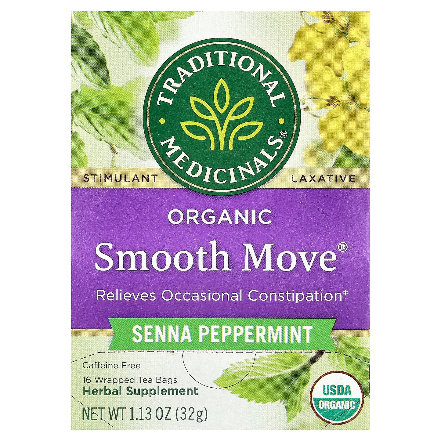 Traditional Medicinals, Organic Smooth Move®, Senna Peppermint, Caffeine Free, 16 Wrapped Tea Bags, 1.13 oz (32 g)