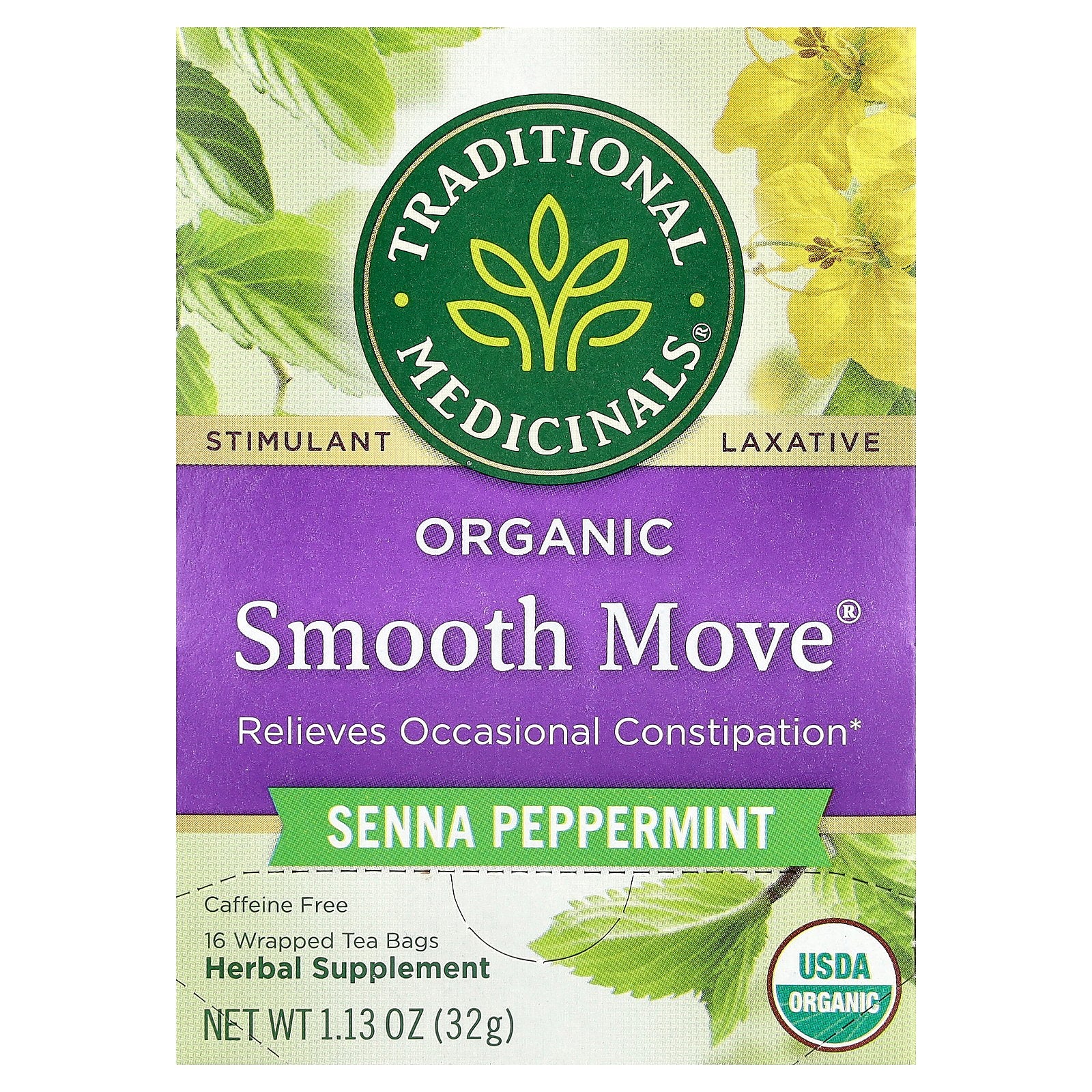 Traditional Medicinals, Organic Smooth Move®, Senna Peppermint, Caffeine Free, 16 Wrapped Tea Bags, 1.13 oz (32 g)