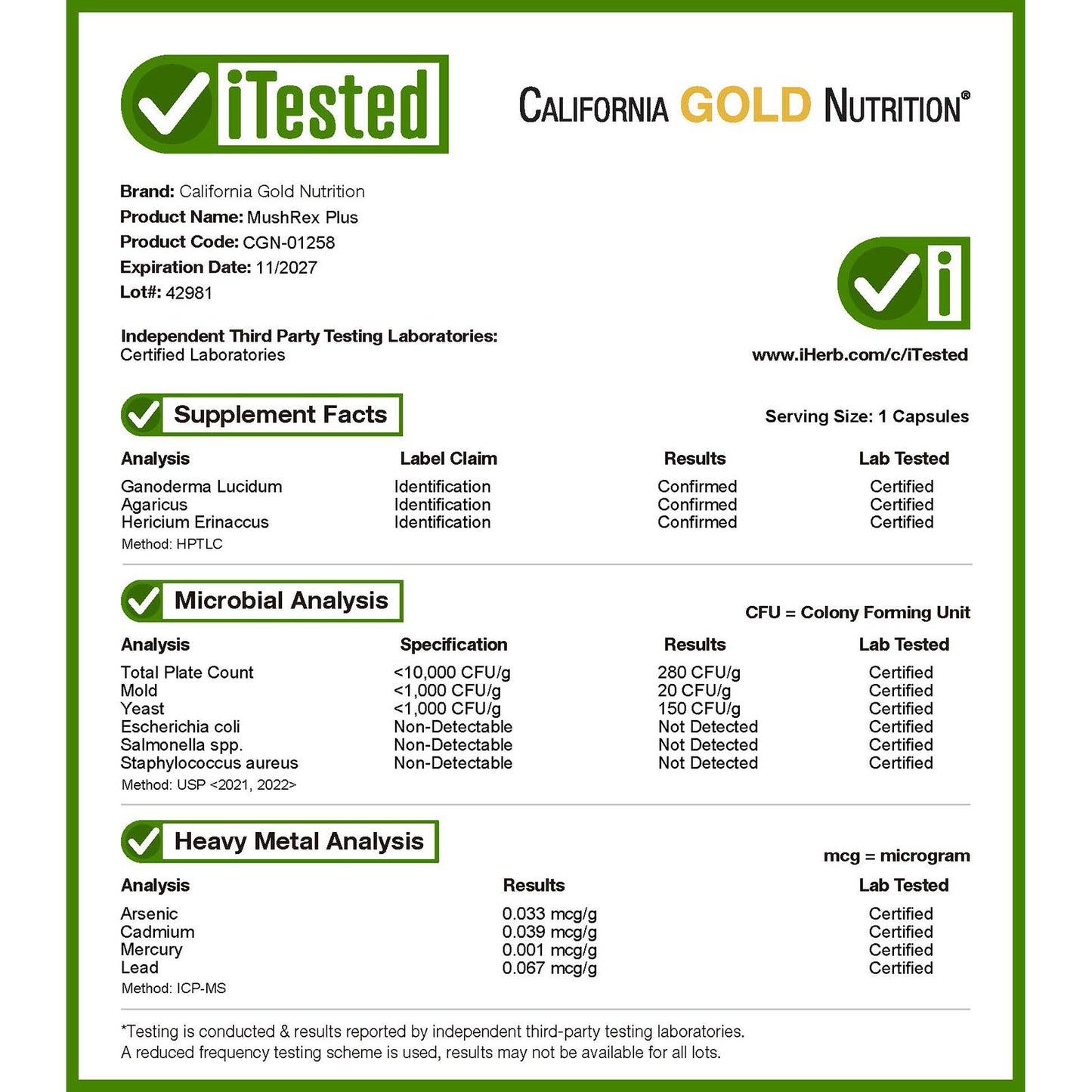 California Gold Nutrition, Fungiology, MushRex Plus, Full-Spectrum Mushroom Complex, Certified Organic, Immune Assist™ Micron, 120 Plantcaps