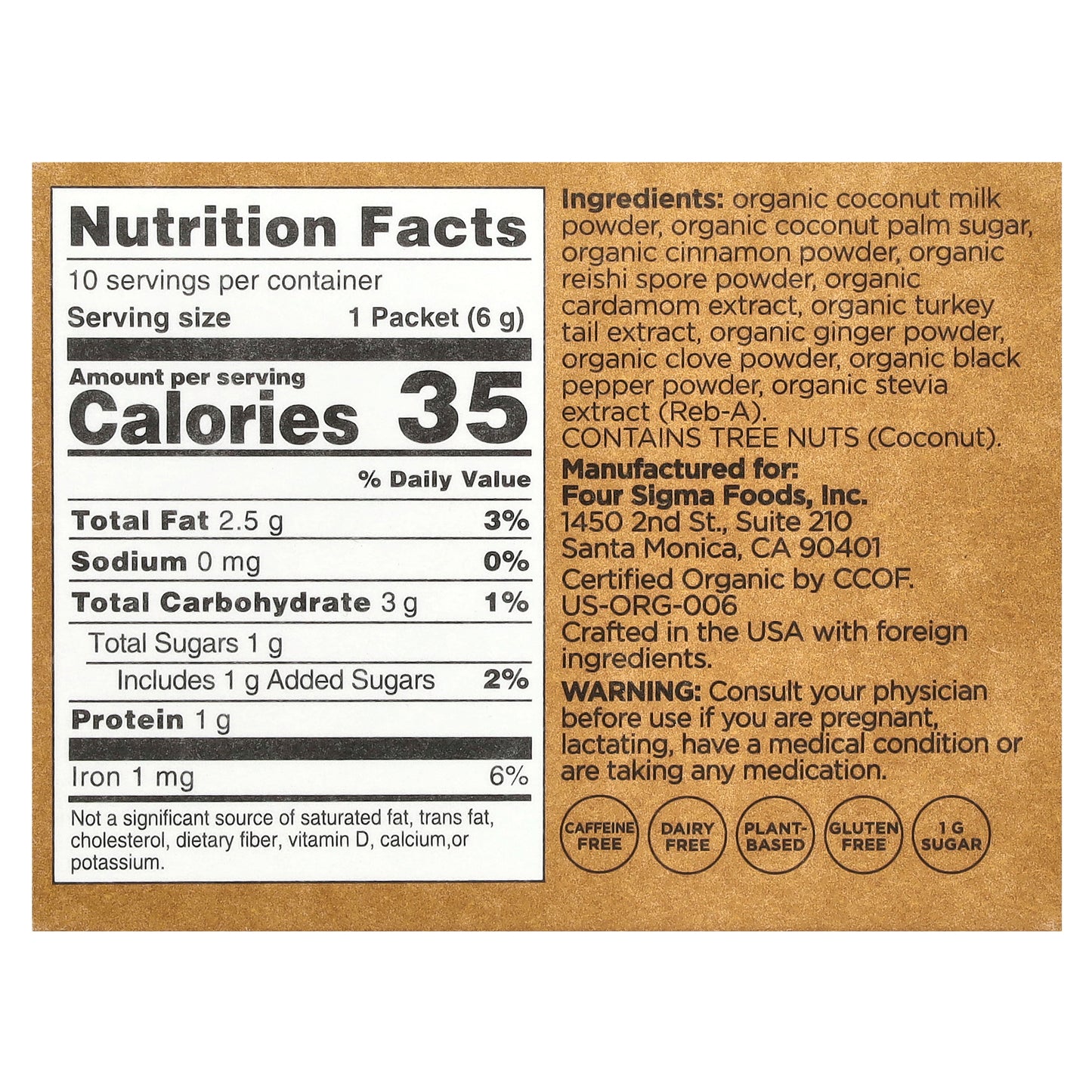 Four Sigmatic, Calm, Organic Chai Latte Mix with Reishi Mushroom, Caffeine Free, 10 Packets, 0.21 oz (6 g) Each