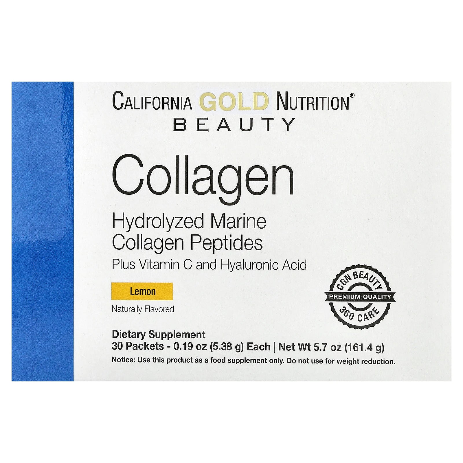 California Gold Nutrition, Marine Collagen Peptides Plus Vitamin C and Hyaluronic Acid, Lemon, 30 Packets, 0.19 oz (5.38 g) Each
