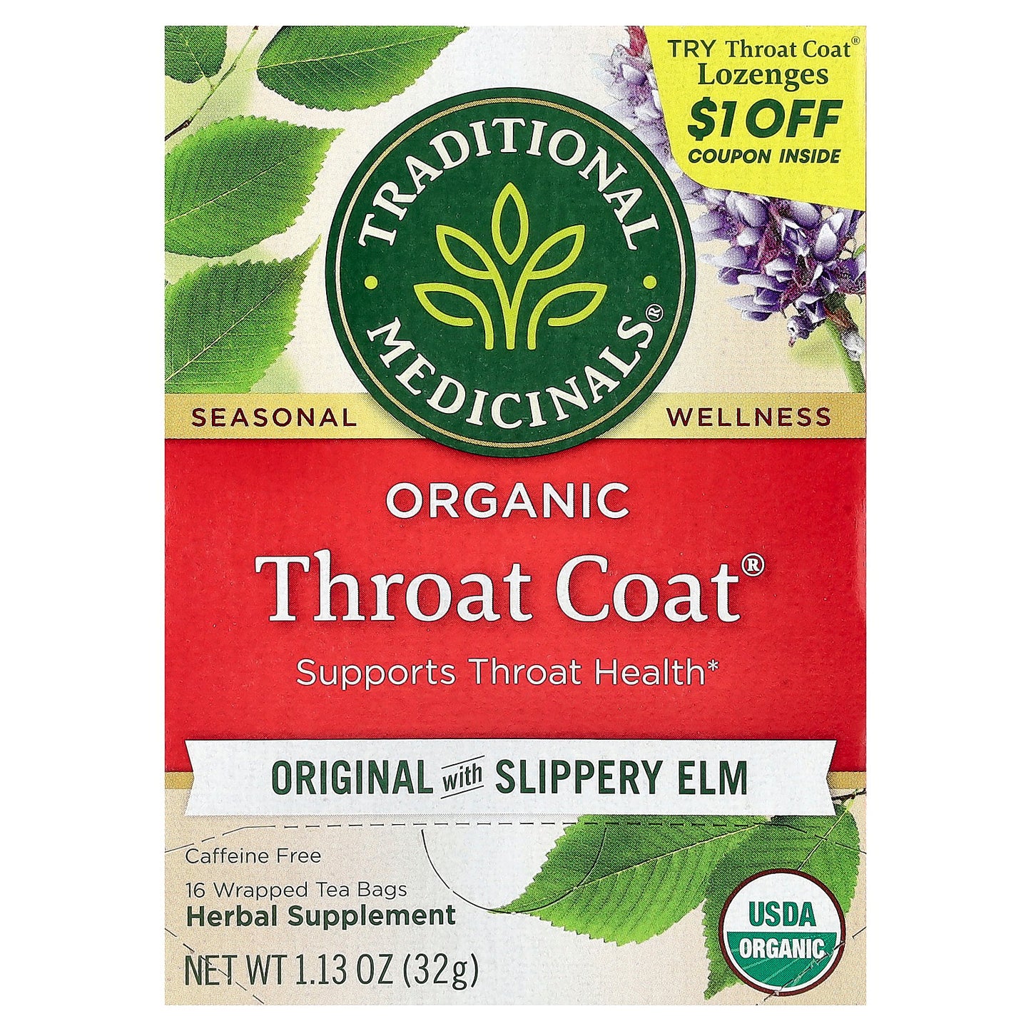 Traditional Medicinals, Organic Throat Coat®, Original with Slippery Elm, Caffeine Free, 16 Wrapped Tea Bags, 1.13 oz (32 g)