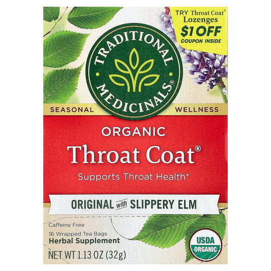 Traditional Medicinals, Organic Throat Coat®, Original with Slippery Elm, Caffeine Free, 16 Wrapped Tea Bags, 1.13 oz (32 g)