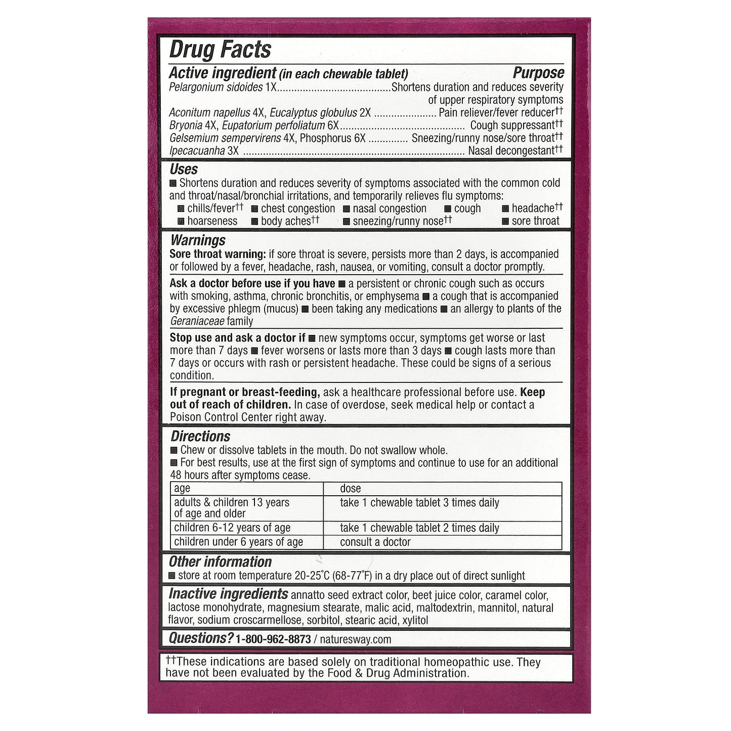 Nature's Way, Umcka, Cold + Flu Relief Chewables, Ages 6+, Berry, 20 Tablets