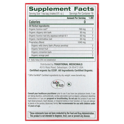 Traditional Medicinals, Organic Throat Coat®, Original with Slippery Elm, Caffeine Free, 16 Wrapped Tea Bags, 1.13 oz (32 g)