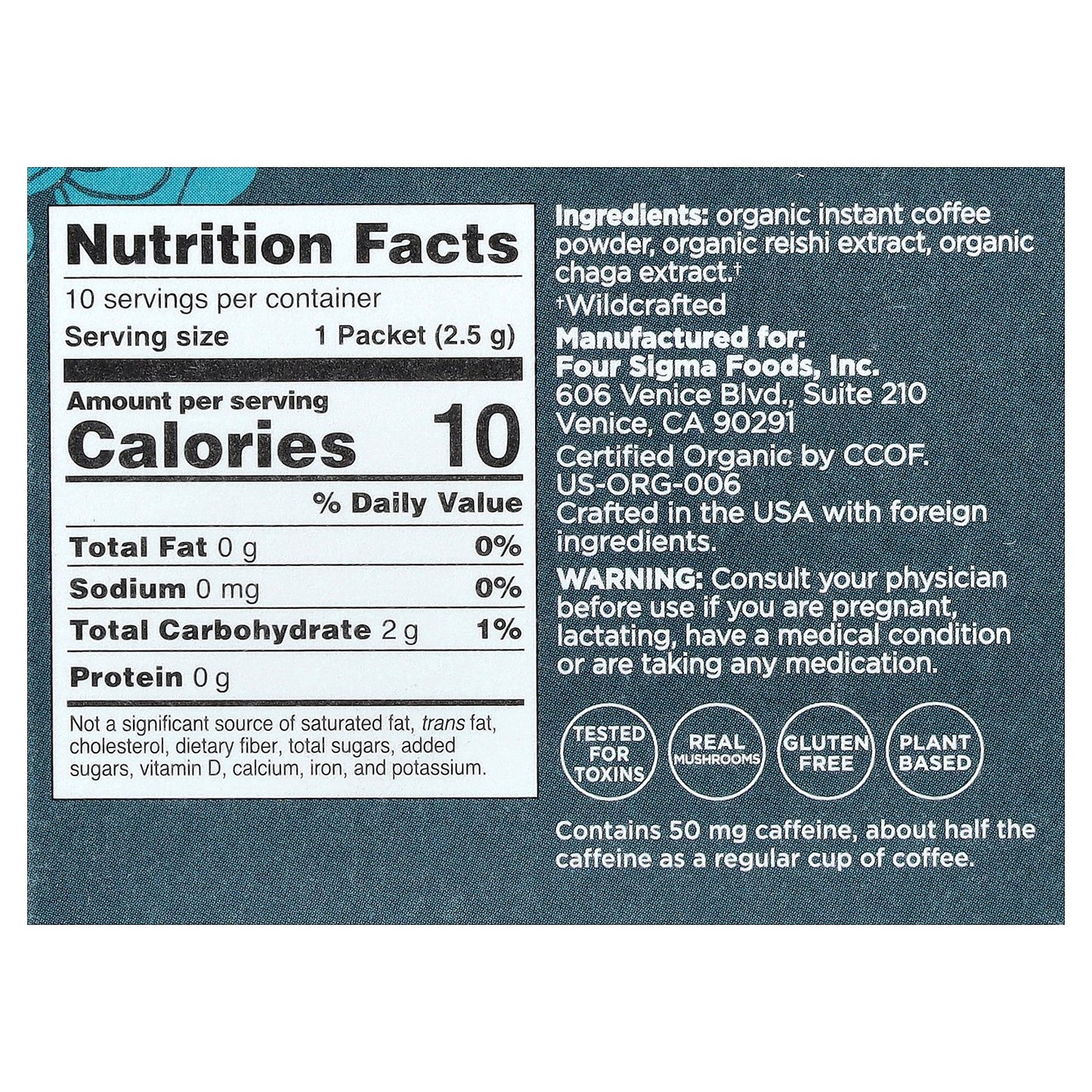 Four Sigmatic, Instant Organic Coffee with Reishi & Chaga Mushrooms, Calm, Medium Roast, 10 Packets, 0.09 oz (2.5 g) Each