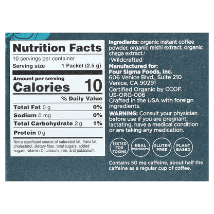 Four Sigmatic, Instant Organic Coffee with Reishi & Chaga Mushrooms, Calm, Medium Roast, 10 Packets, 0.09 oz (2.5 g) Each