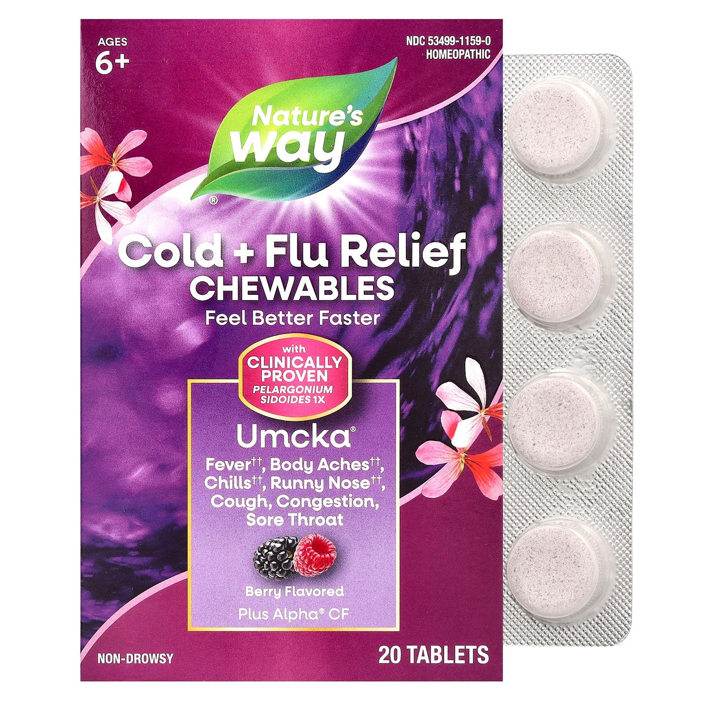 Nature's Way, Umcka, Cold + Flu Relief Chewables, Ages 6+, Berry, 20 Tablets