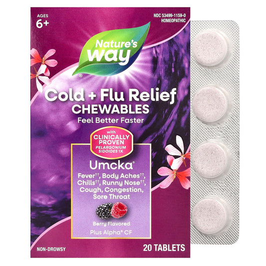 Nature's Way, Umcka, Cold + Flu Relief Chewables, Ages 6+, Berry, 20 Tablets