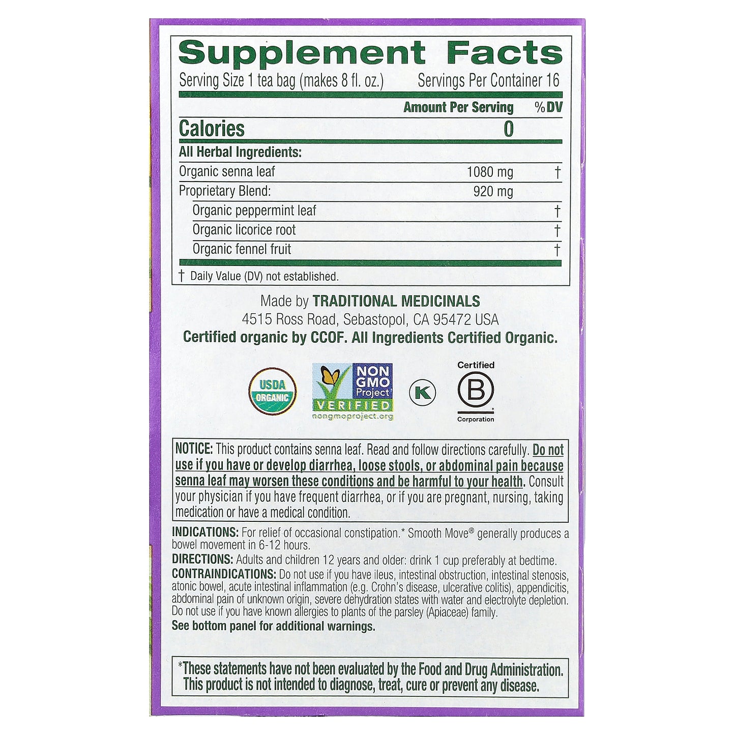 Traditional Medicinals, Organic Smooth Move®, Senna Peppermint, Caffeine Free, 16 Wrapped Tea Bags, 1.13 oz (32 g)
