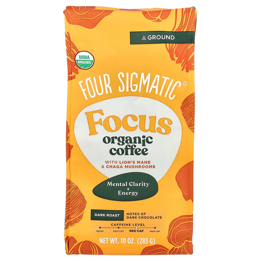 Four Sigmatic, Focus, Organic Coffee with Lion's Mane & Chaga Mushrooms, Ground, Dark Roast, 10 oz (283 g)