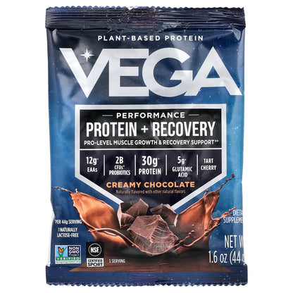 Vega, Performance, Protein + Recovery, Creamy Chocolate, 12 Packs, 1.6 oz (44 g) Each