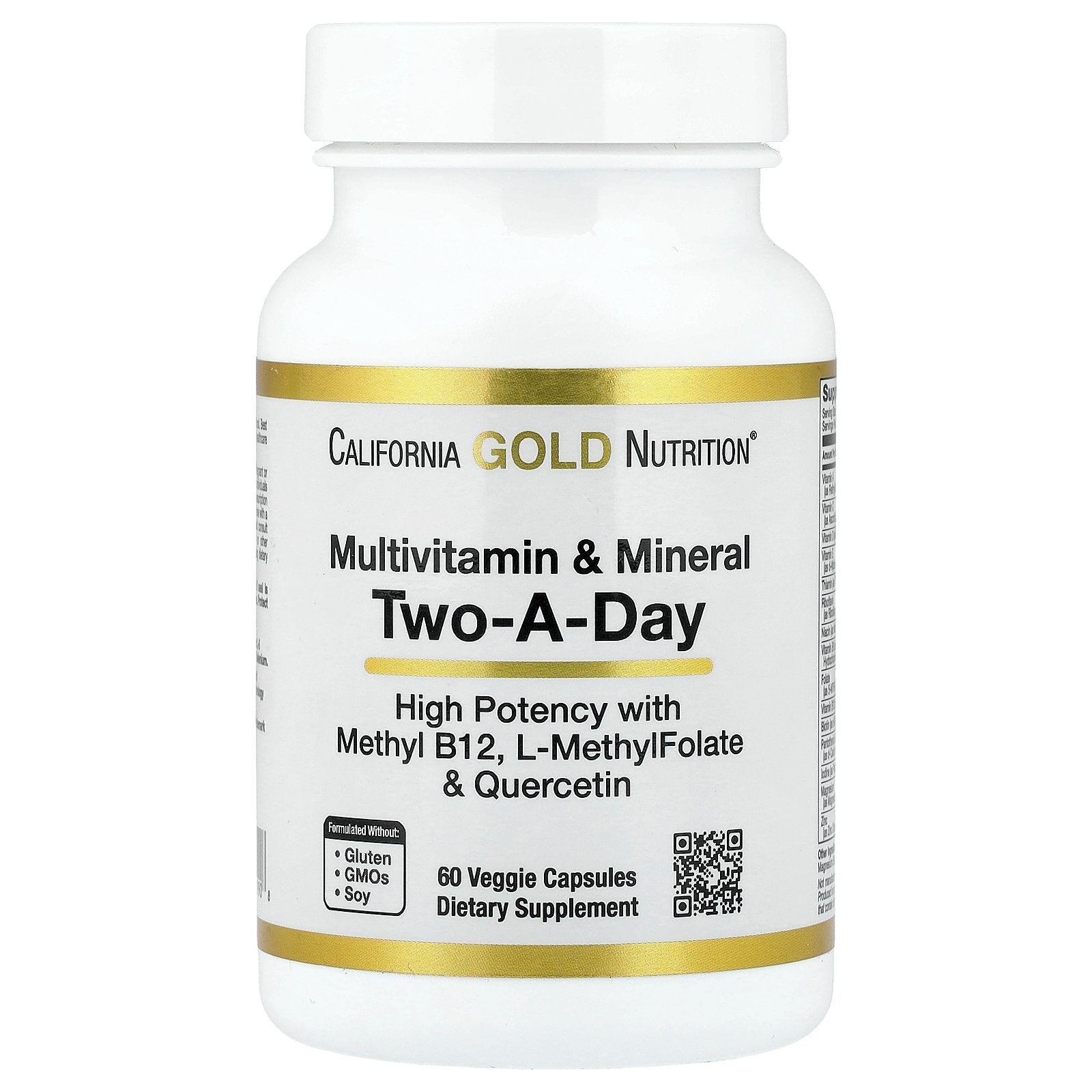California Gold Nutrition, Multivitamin and Mineral with Methyl B12, Vitamin C, L-MethylFolate and Bio-Quercetin, Two-A-Day, 60 Veggie Capsules