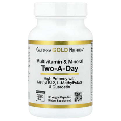 California Gold Nutrition, Multivitamin and Mineral with Methyl B12, Vitamin C, L-MethylFolate and Bio-Quercetin, Two-A-Day, 60 Veggie Capsules