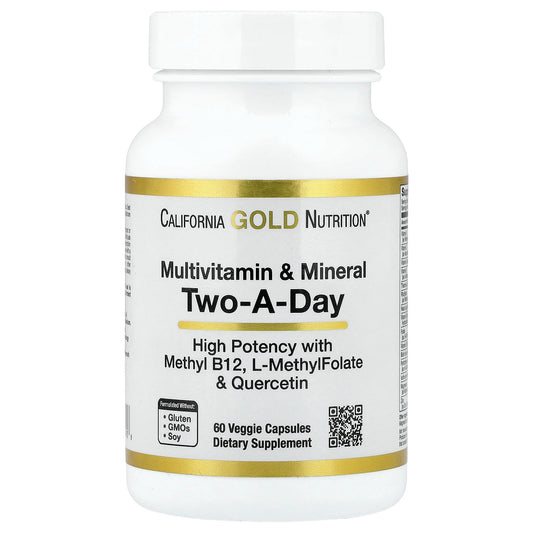 California Gold Nutrition, Multivitamin and Mineral with Methyl B12, Vitamin C, L-MethylFolate and Bio-Quercetin, Two-A-Day, 60 Veggie Capsules