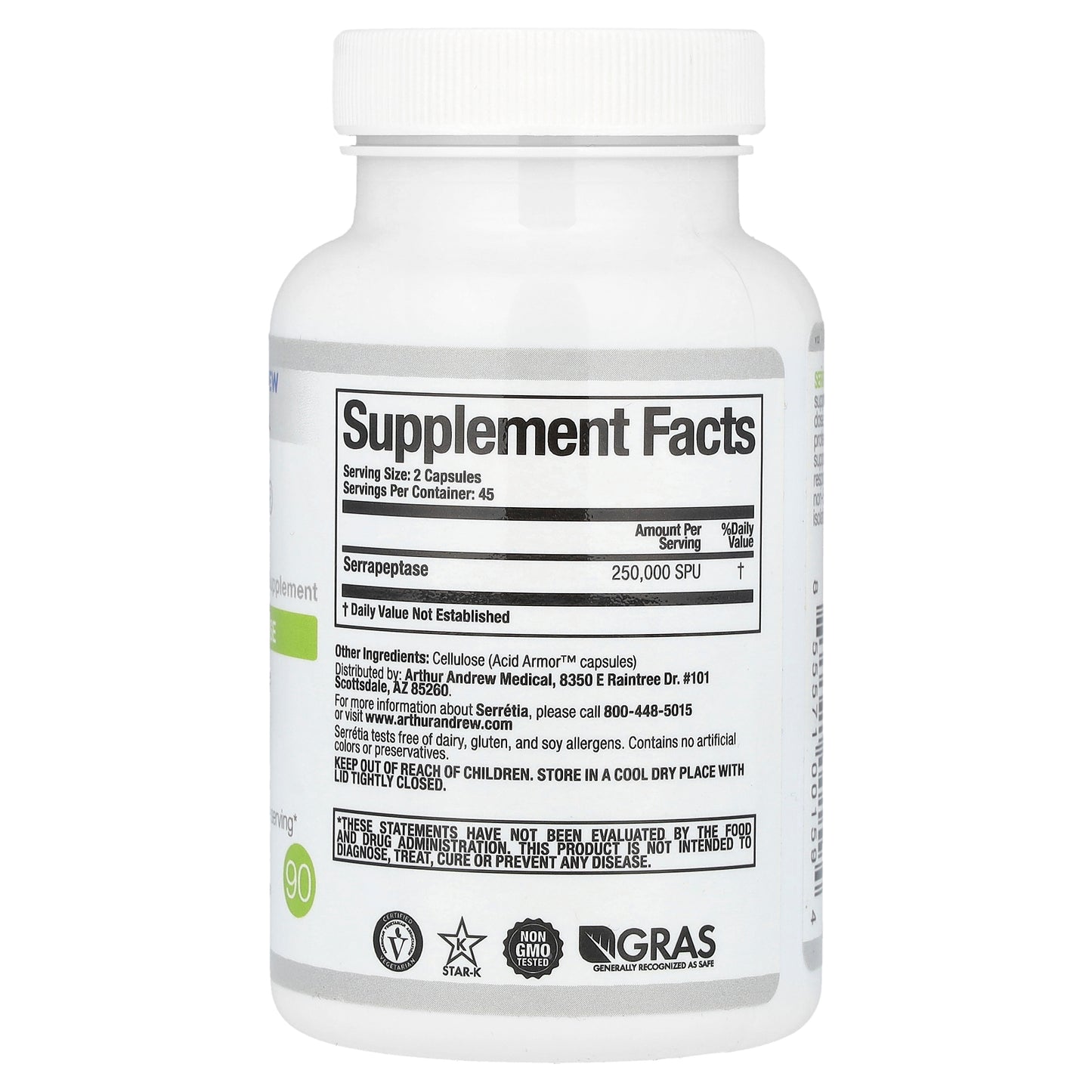 Arthur Andrew Medical, Serretia®, Pure Serrapeptase, 90 Capsules (125,000 SPU per Capsule)