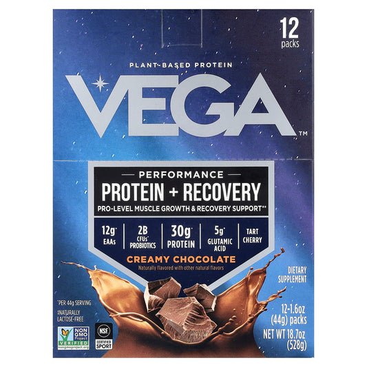 Vega, Performance, Protein + Recovery, Creamy Chocolate, 12 Packs, 1.6 oz (44 g) Each