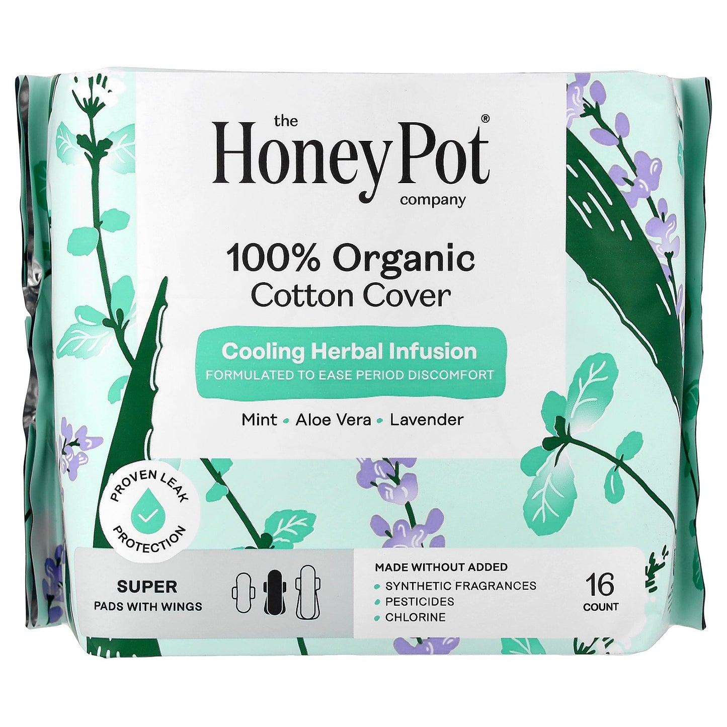 The Honey Pot Company, 100% Organic Cotton Cover, Pads with Wings, Super, 16 Count