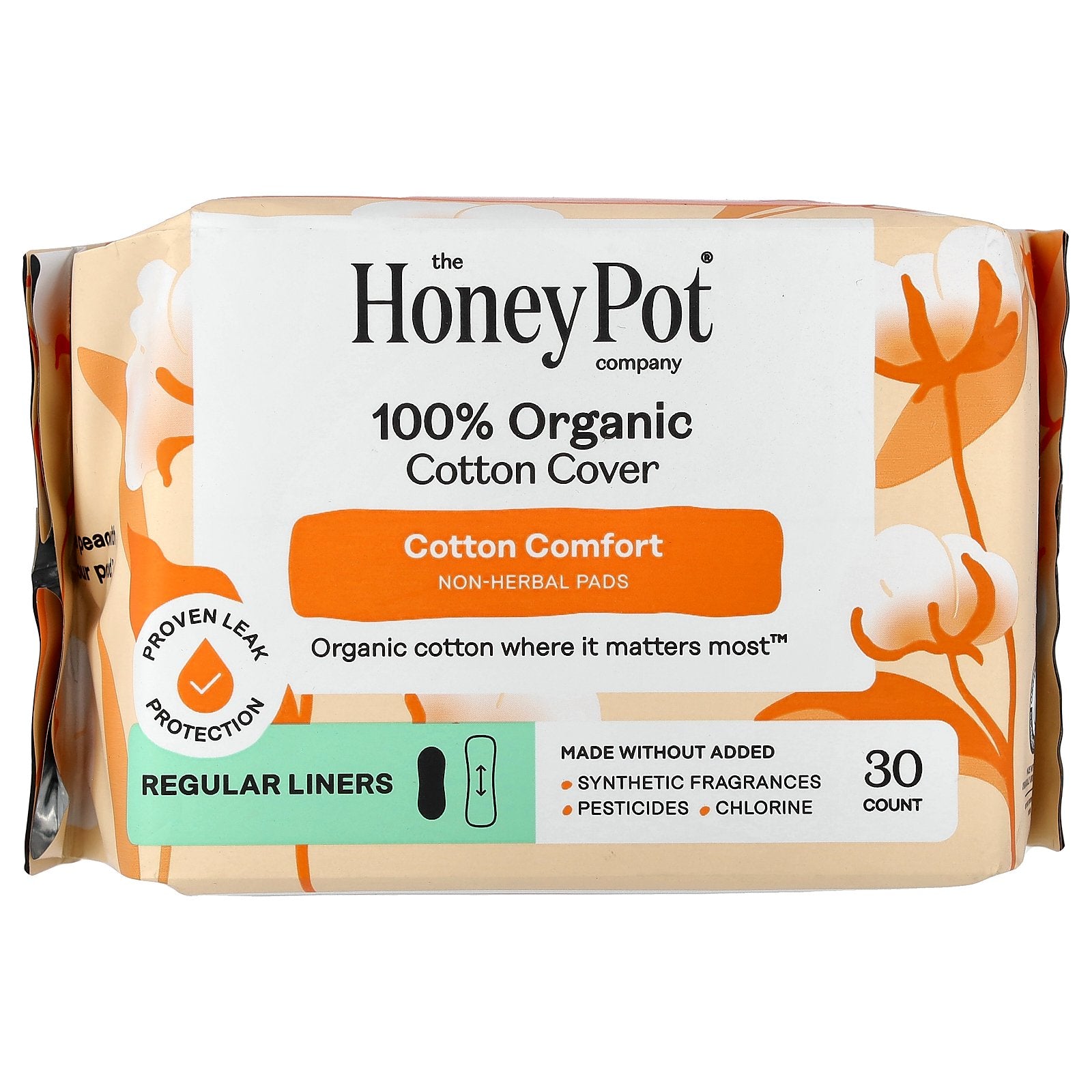 The Honey Pot Company, 100% Organic Cottom Cover, Non-Herbal Pads, Regular, 30 Count