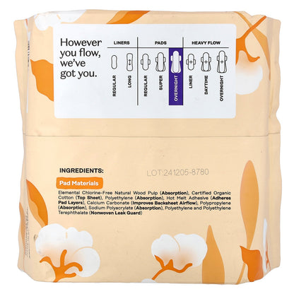 The Honey Pot Company, 100% Organic Cotton Cover, Non-Herbal Pads with Wings, Overnight, 12 Count