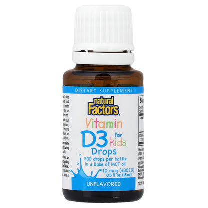 Natural Factors, Vitamin D3 Drops for Kids, Unflavored, 0.5 fl oz (15 ml)