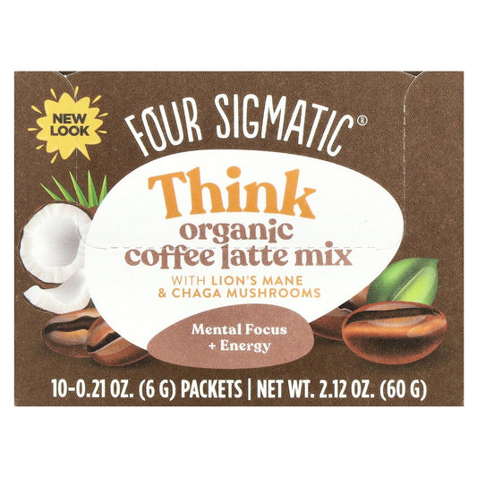 Four Sigmatic, Think, Organic Coffee Latte Mix with Lion's Mane & Chaga Mushrooms, 10 Packets, 0.21 oz (6 g) Each