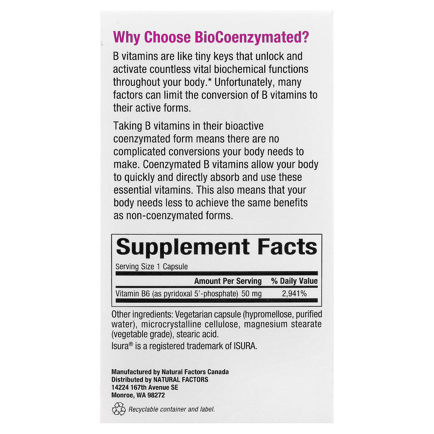 Natural Factors, BioCoenzymated®, B6, Pyridoxal 5'-Phosphate, 50 mg, 30 Vegetarian Capsules