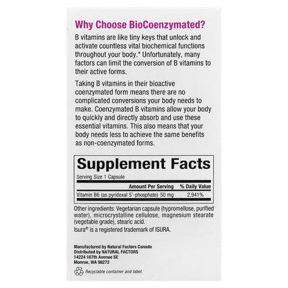 Natural Factors, BioCoenzymated®, B6, Pyridoxal 5'-Phosphate, 50 mg, 30 Vegetarian Capsules